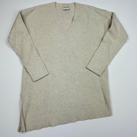 Wrap London Wool Blend Asymmetrical Hem Sweater Size 6 Ivory V Neck - Picture 9 of 10